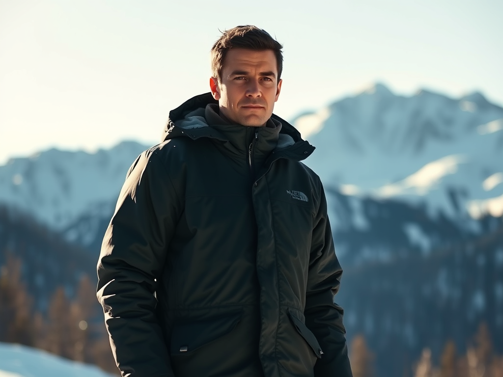 A person wearing a long winter jacket in a snowy mountain landscape, showcasing the ideal jacket for cold and dry climates.
